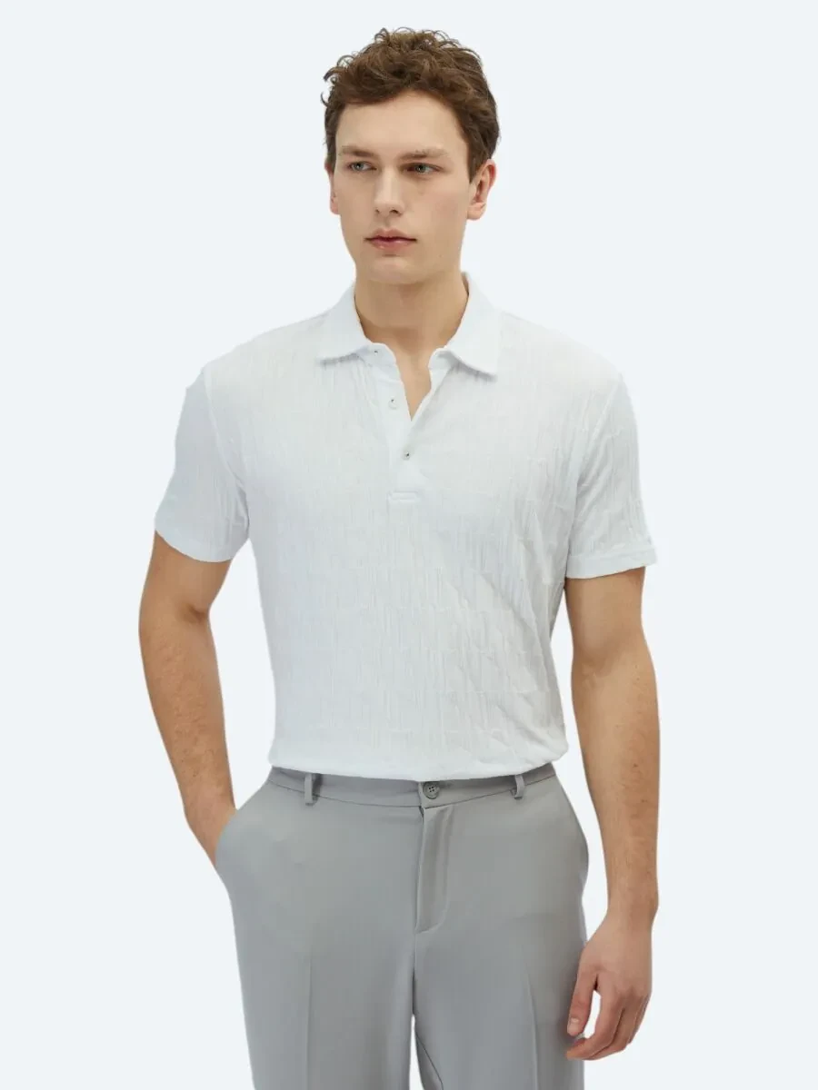 White Patterned Polo Neck 100% Cotton T-Shirt - 1