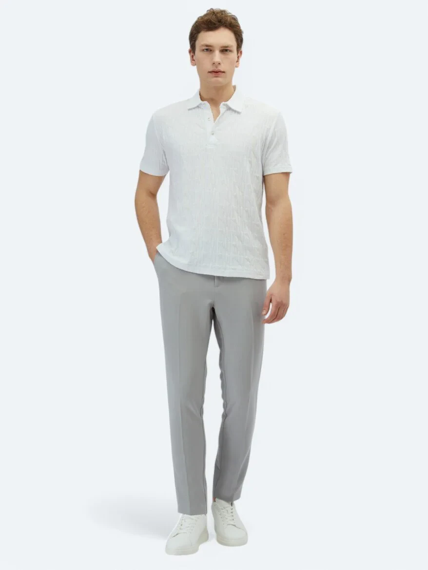 White Patterned Polo Neck 100% Cotton T-Shirt - 2