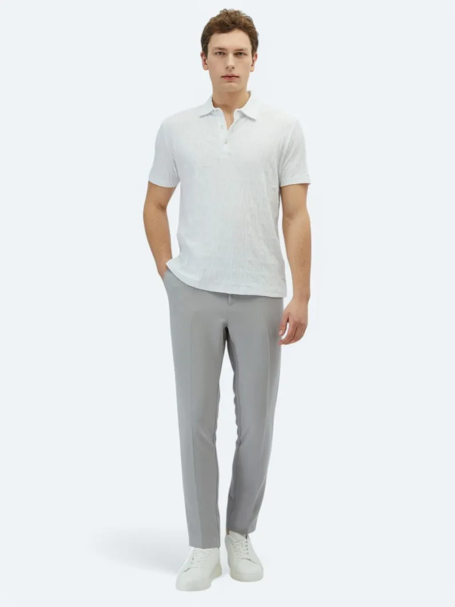 White Patterned Polo Neck 100% Cotton T-Shirt - 2