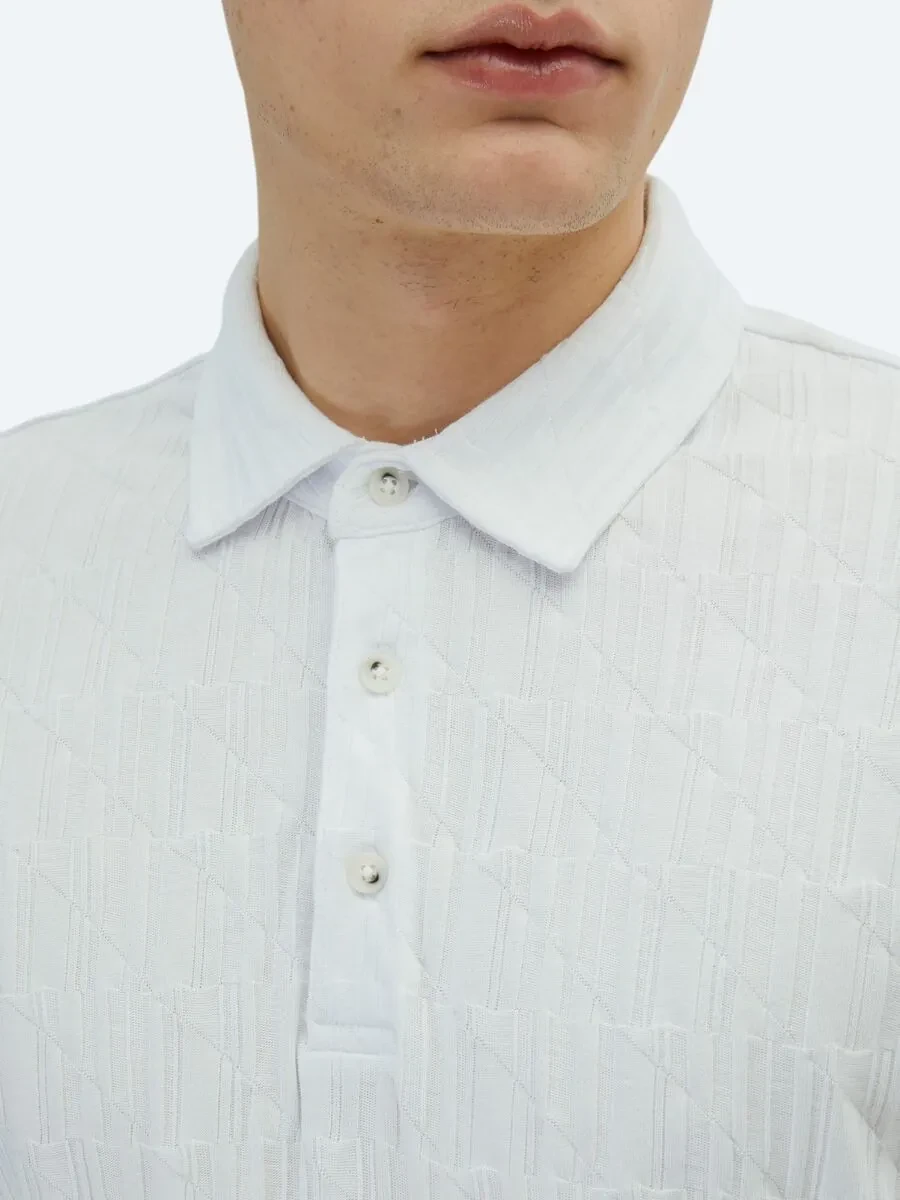 White Patterned Polo Neck 100% Cotton T-Shirt - 4