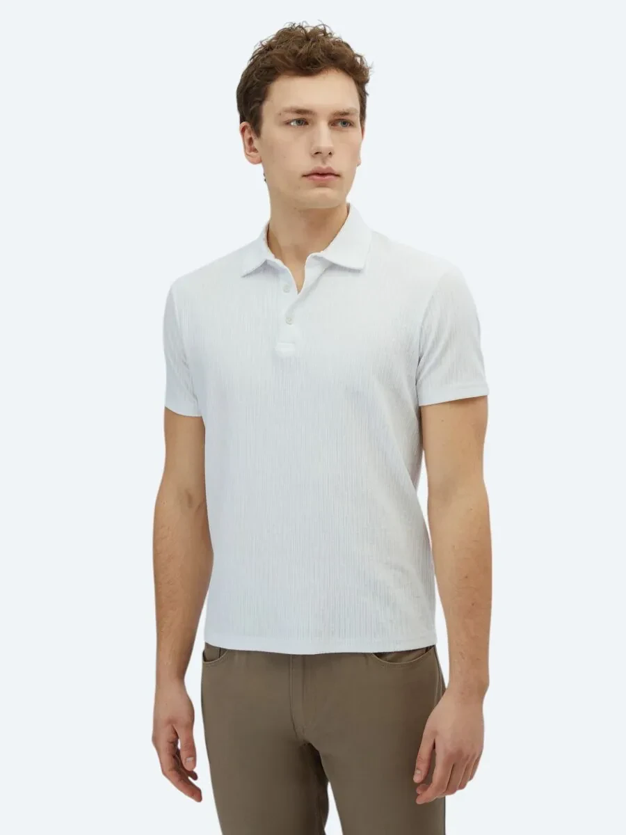 White Patterned Polo Neck Cotton Blended T-Shirt - 1