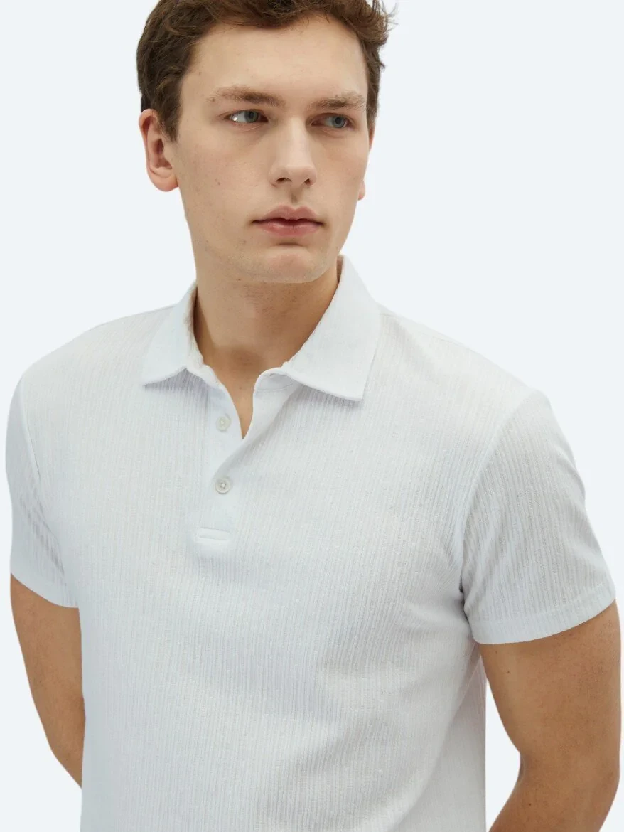 White Patterned Polo Neck Cotton Blended T-Shirt - 3