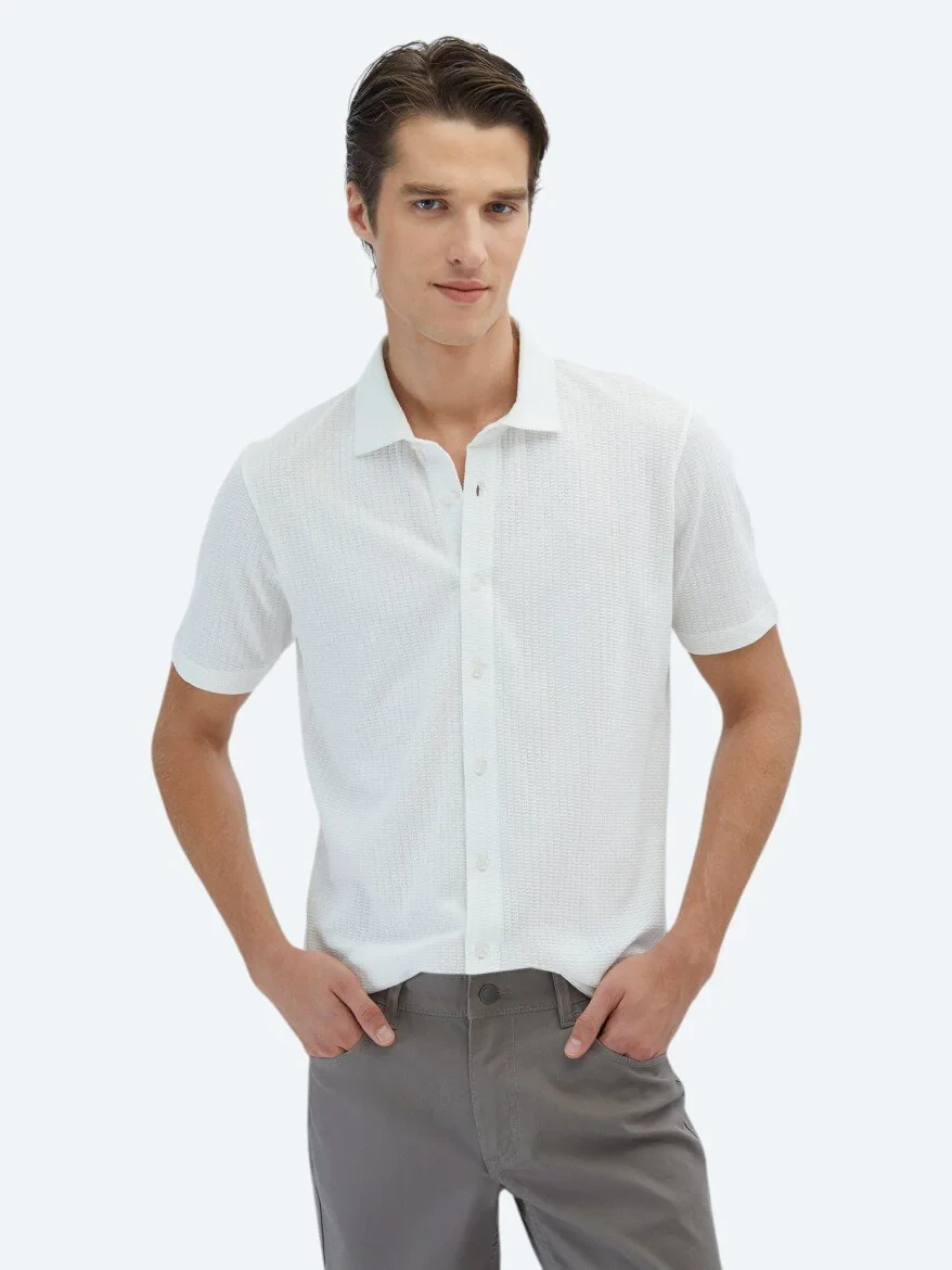 White Patterned Regular Fit Knitting Casual 100% Cotton Shirt - 1