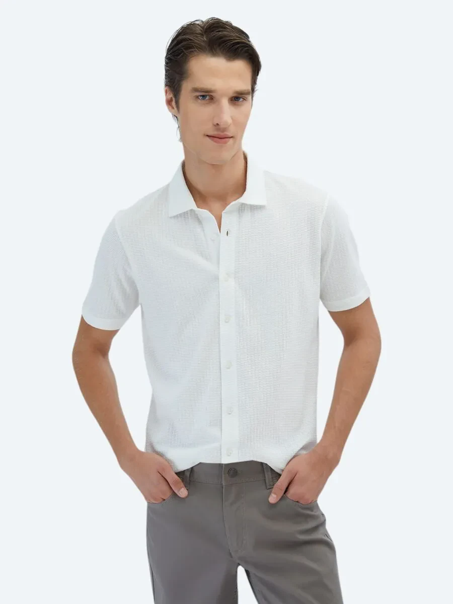 White Patterned Regular Fit Knitting Casual 100% Cotton Shirt - 1