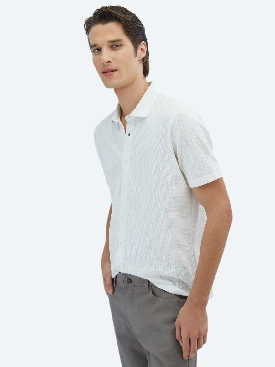 White Patterned Regular Fit Knitting Casual 100% Cotton Shirt - 3