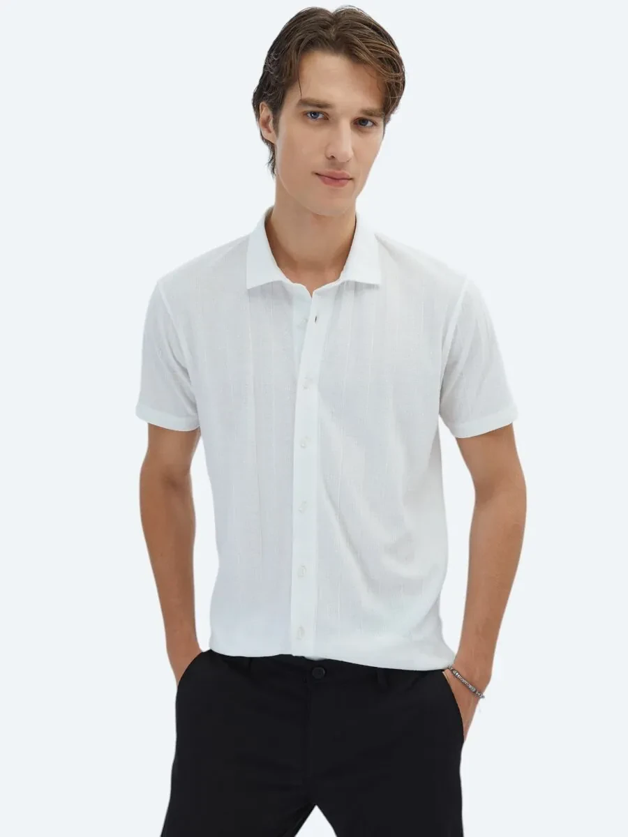 White Patterned Regular Fit Knitting Casual Shirt - 1