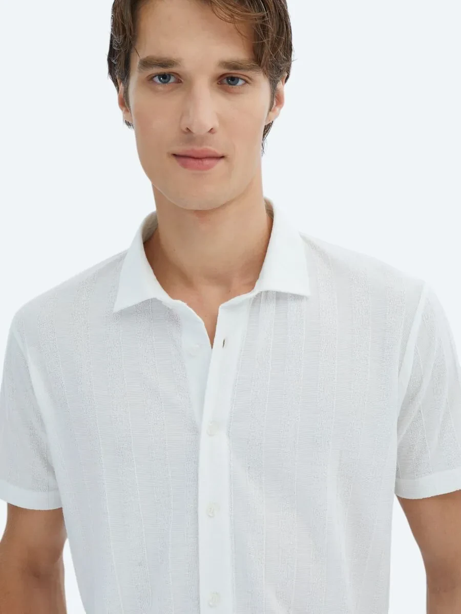 White Patterned Regular Fit Knitting Casual Shirt - 3