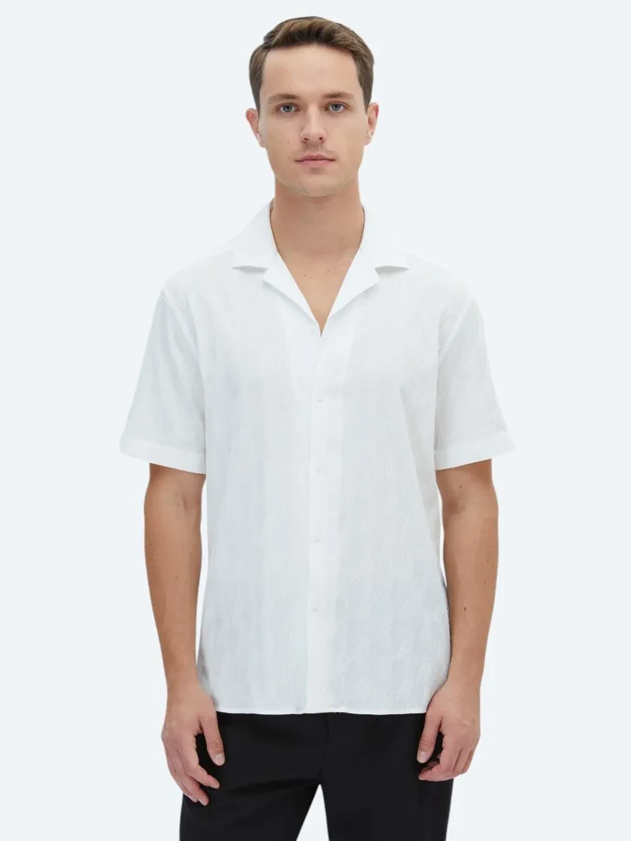 White Patterned Regular Fit Weaving Casual Cotton Blended Shirt - 1