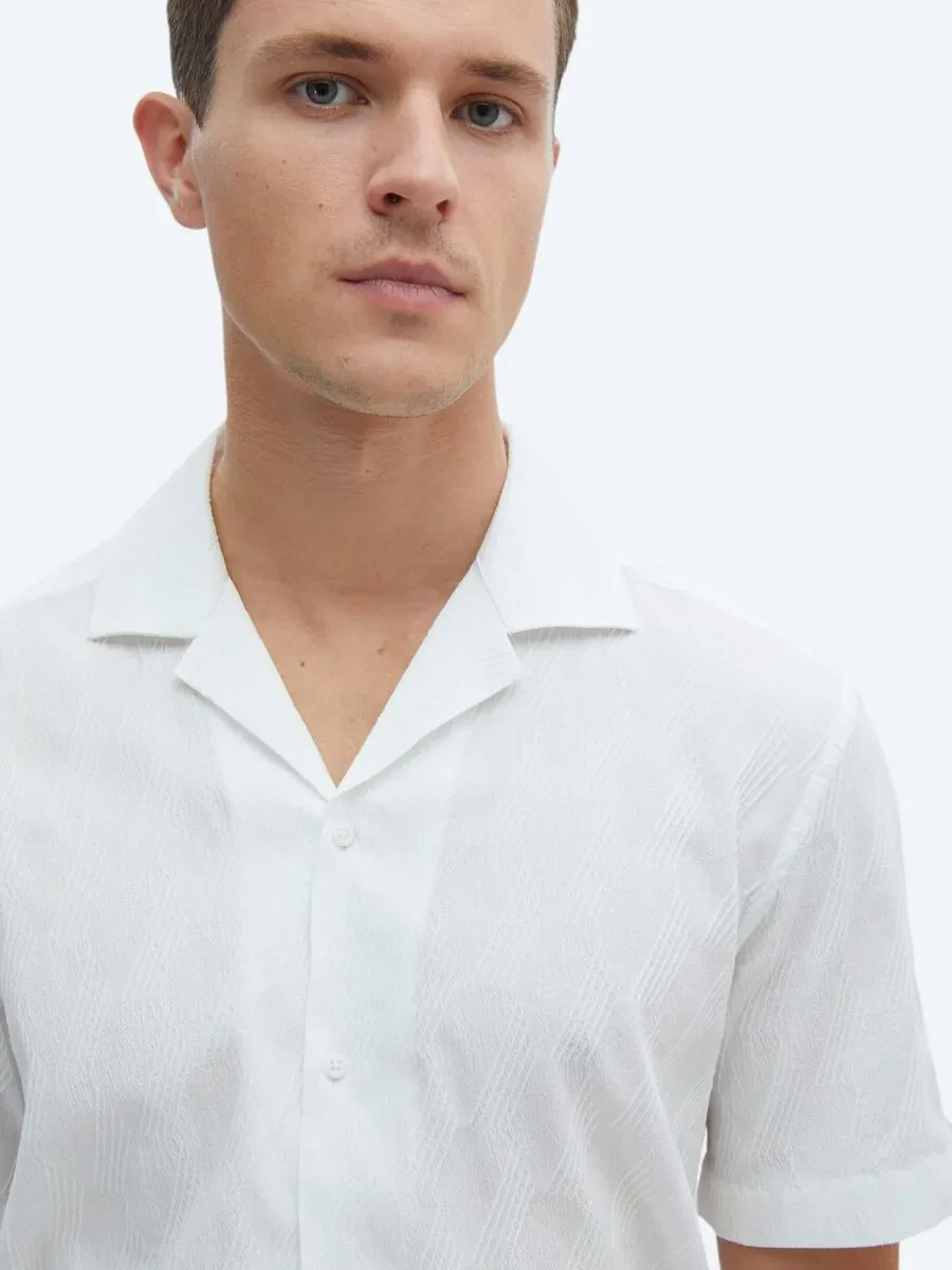 White Patterned Regular Fit Weaving Casual Cotton Blended Shirt - 3