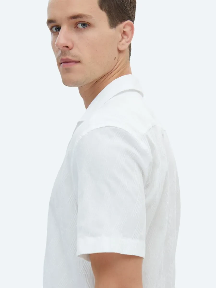 White Patterned Regular Fit Weaving Casual Cotton Blended Shirt - 4