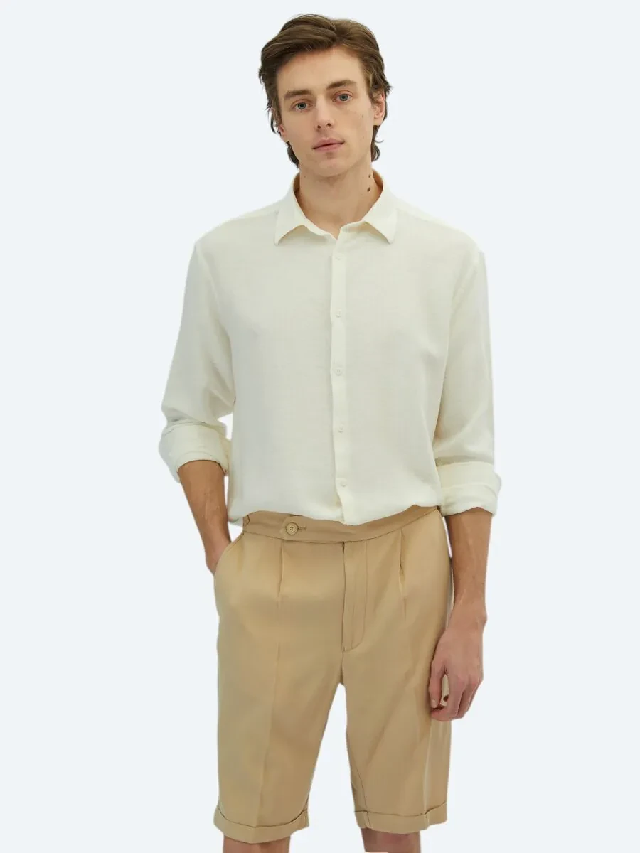 White Plain Oversize Fit Weaving Casual Cotton Blended Shirt - 1