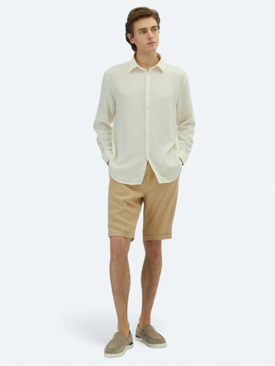 White Plain Oversize Fit Weaving Casual Cotton Blended Shirt - 2