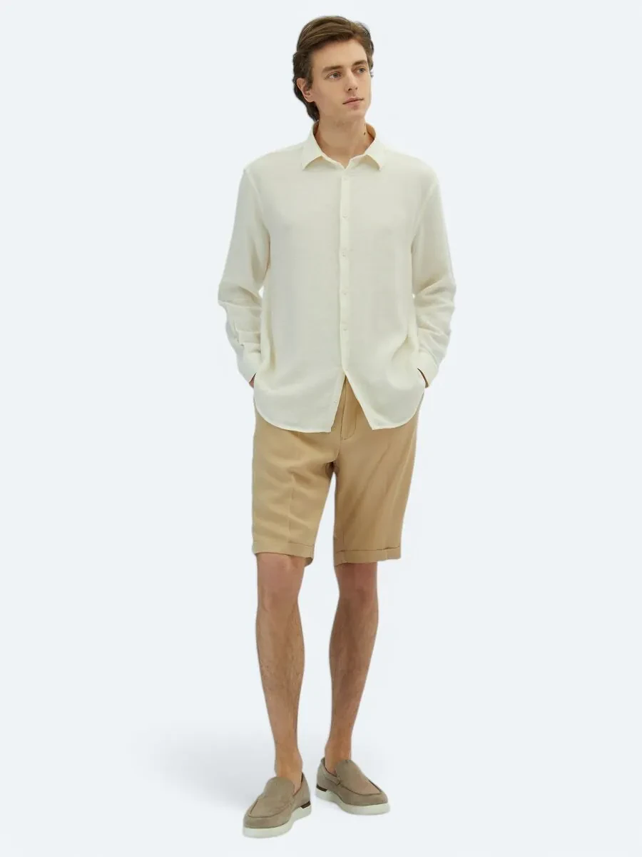 White Plain Oversize Fit Weaving Casual Cotton Blended Shirt - 2