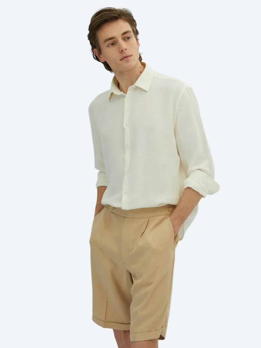 White Plain Oversize Fit Weaving Casual Cotton Blended Shirt - 3