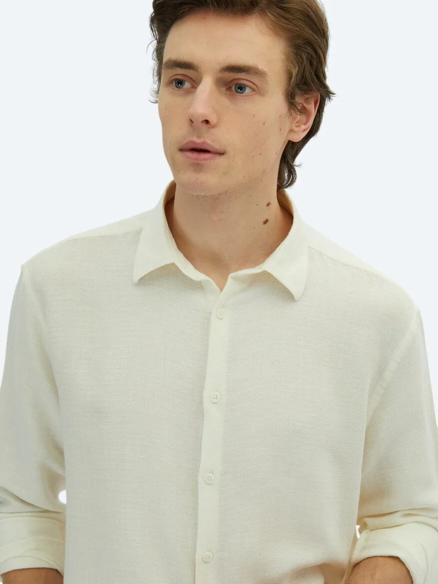 White Plain Oversize Fit Weaving Casual Cotton Blended Shirt - 4