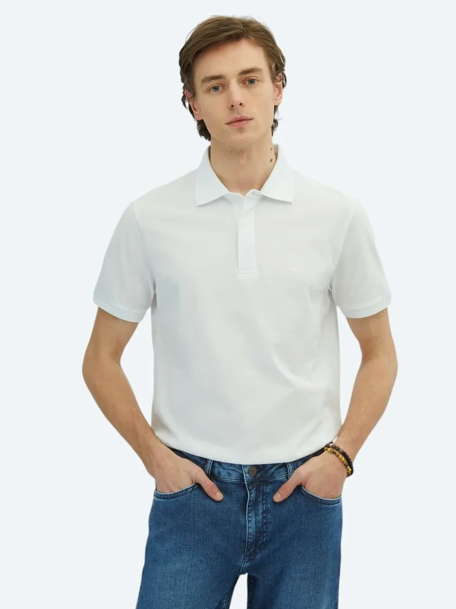 White Plain Polo Neck 100% Cotton T-Shirt - 1