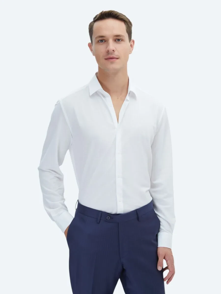 White Plain Regular Fit Knitting Casual Cotton Blended Shirt - 1