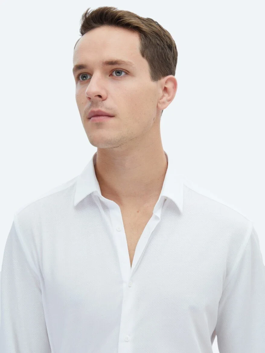 White Plain Regular Fit Knitting Casual Cotton Blended Shirt - 3