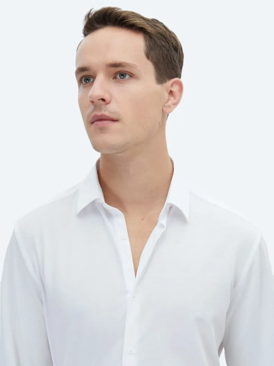 White Plain Regular Fit Knitting Casual Cotton Blended Shirt - 3