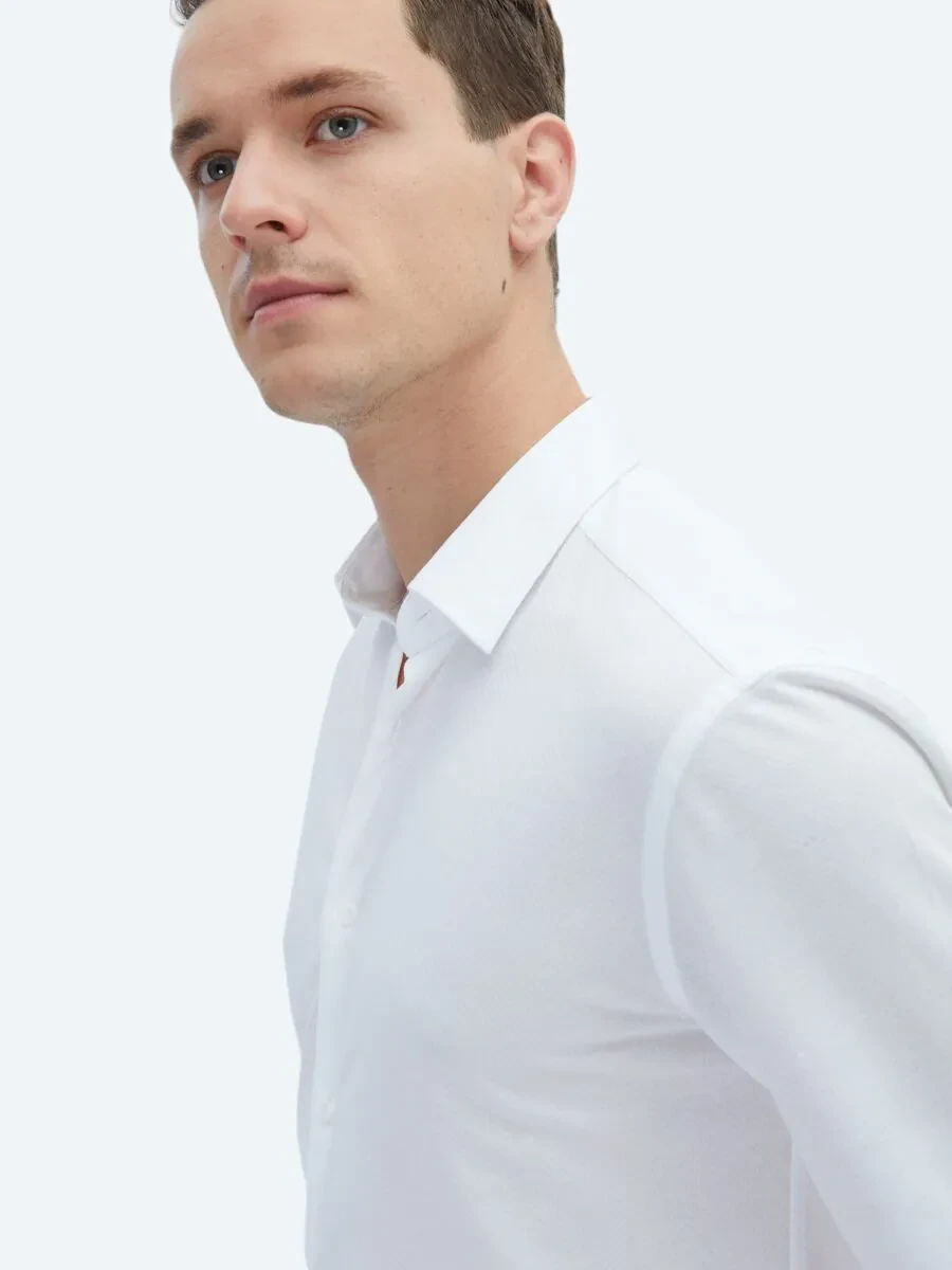 White Plain Regular Fit Knitting Casual Cotton Blended Shirt - 4