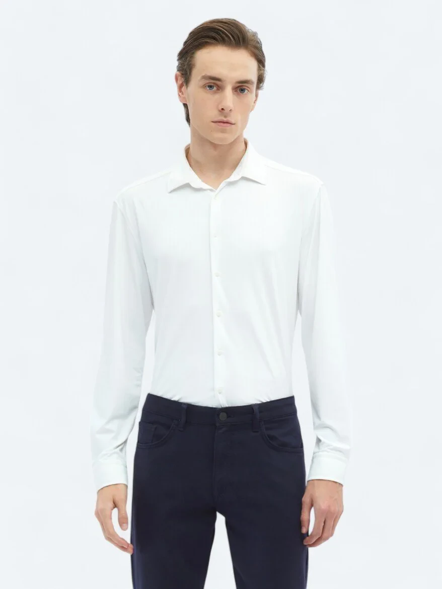 White Plain Regular Fit Knitting Casual Shirt - 2