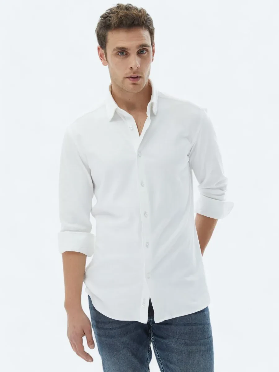 White Plain Regular Fit Weaving Casual 100% Cotton Shirt - 1