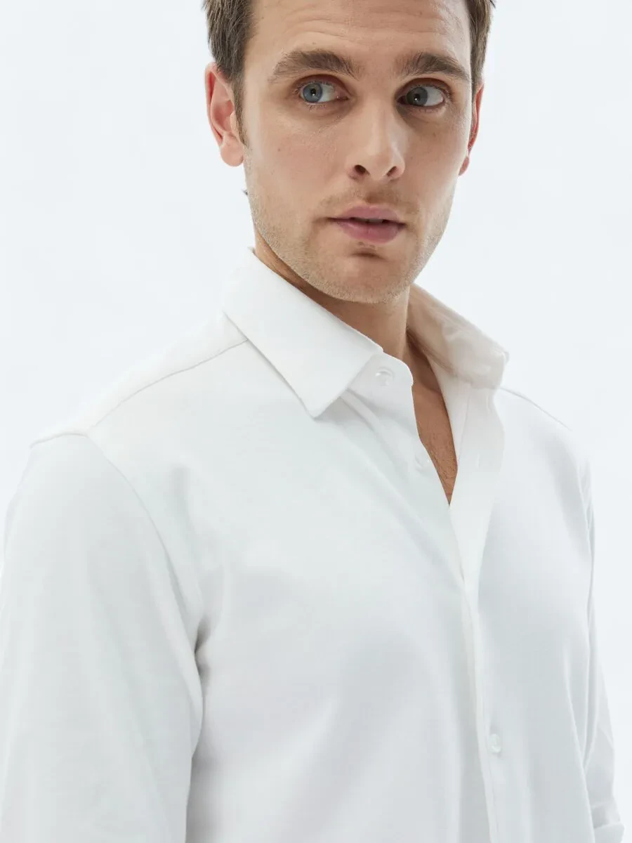 White Plain Regular Fit Weaving Casual 100% Cotton Shirt - 4