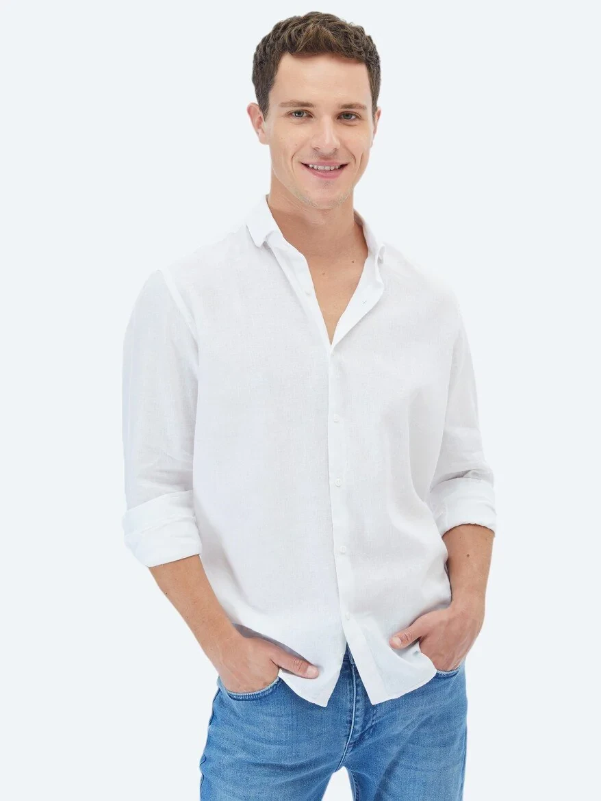 White Plain Regular Fit Weaving Casual Cotton Blended Shirt - 1