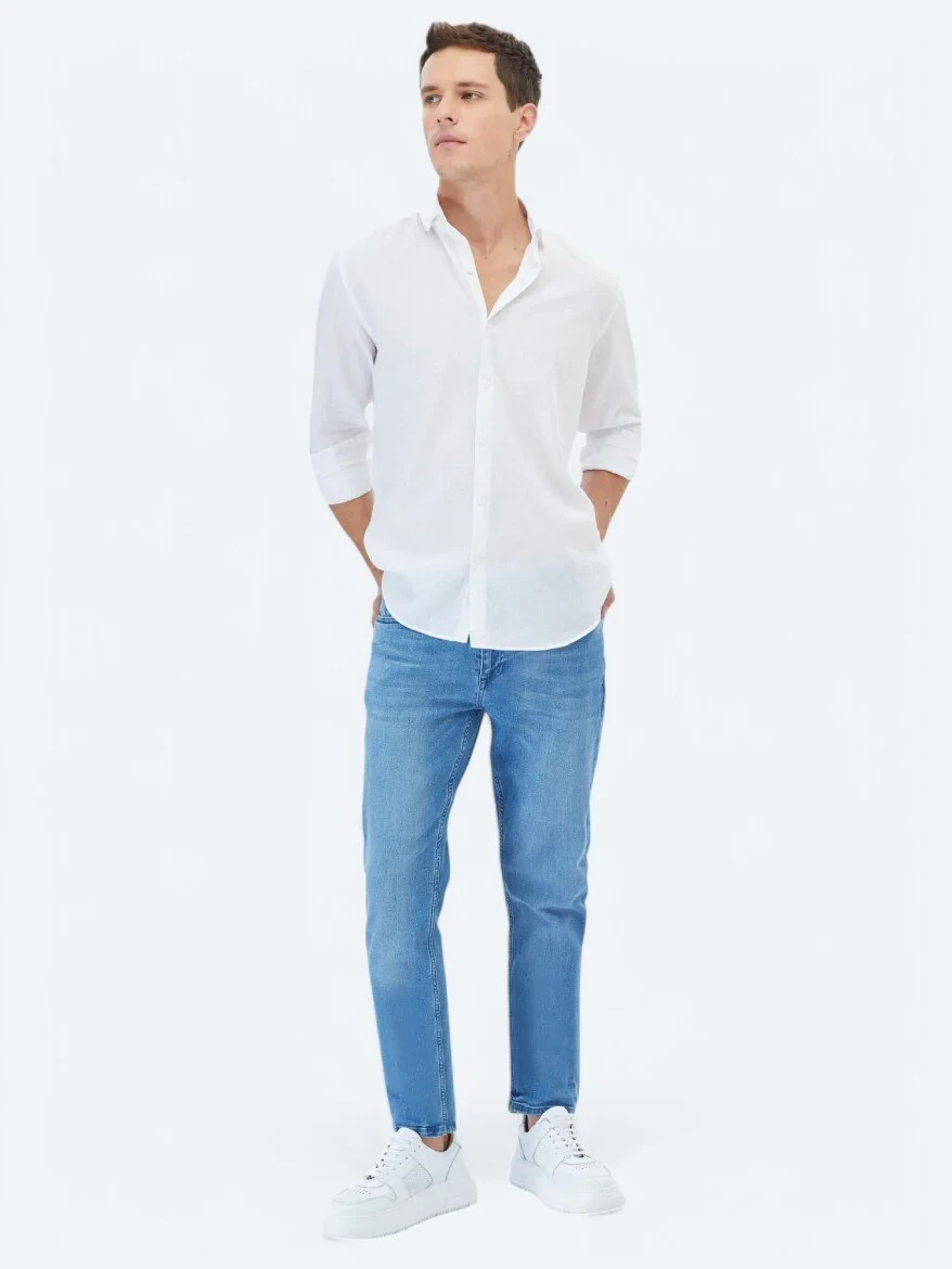 White Plain Regular Fit Weaving Casual Cotton Blended Shirt - 2