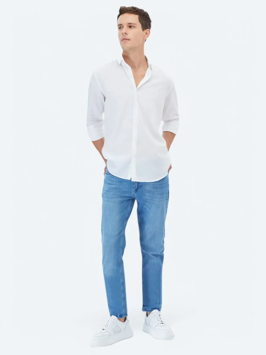 White Plain Regular Fit Weaving Casual Cotton Blended Shirt - 2