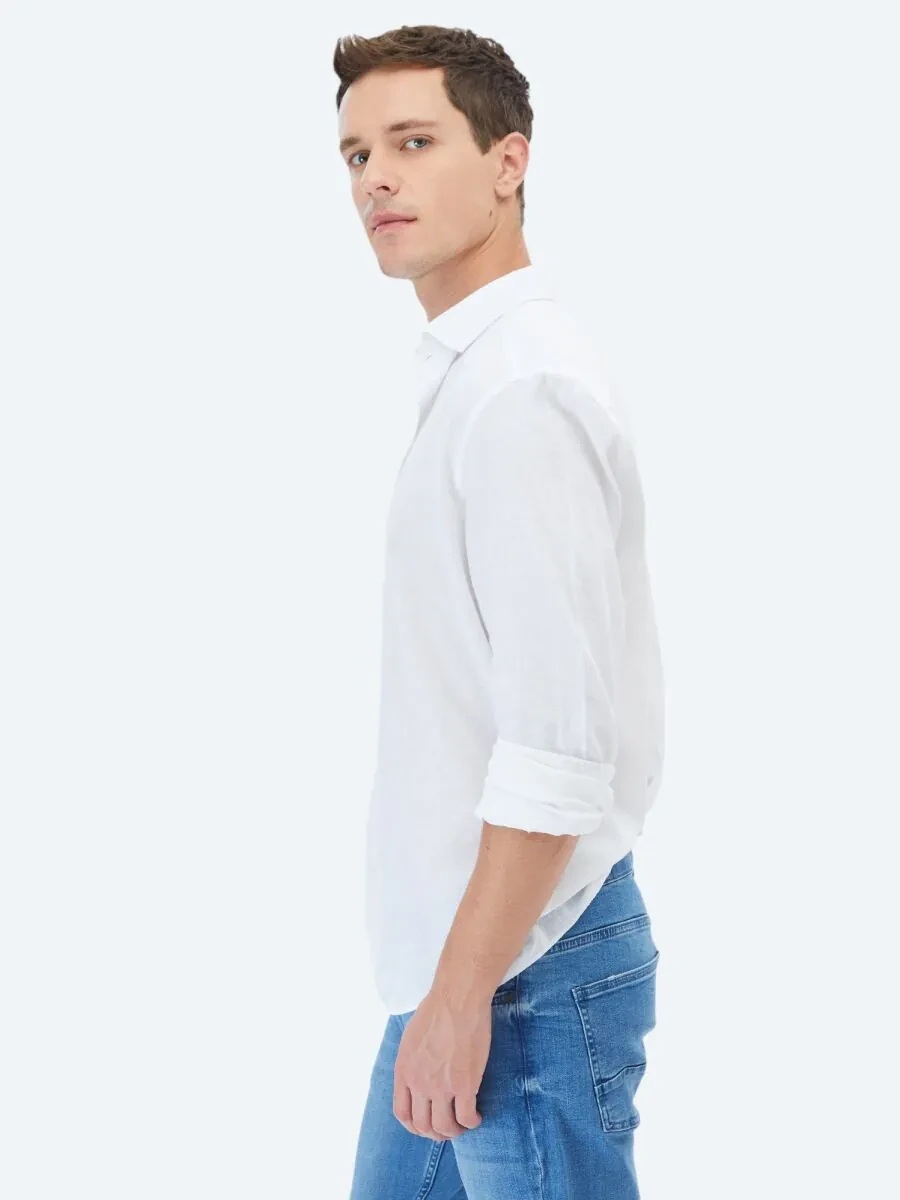 White Plain Regular Fit Weaving Casual Cotton Blended Shirt - 3