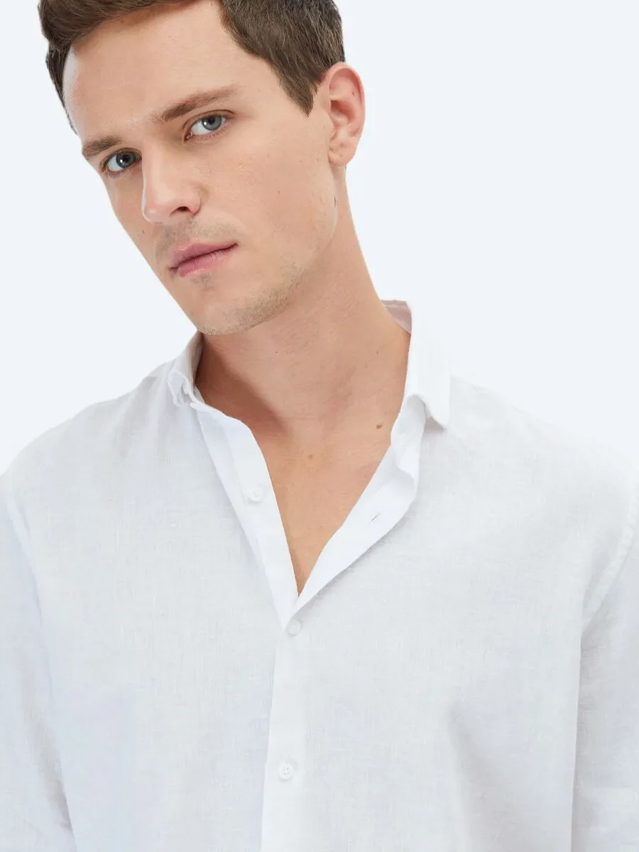 White Plain Regular Fit Weaving Casual Cotton Blended Shirt - 5