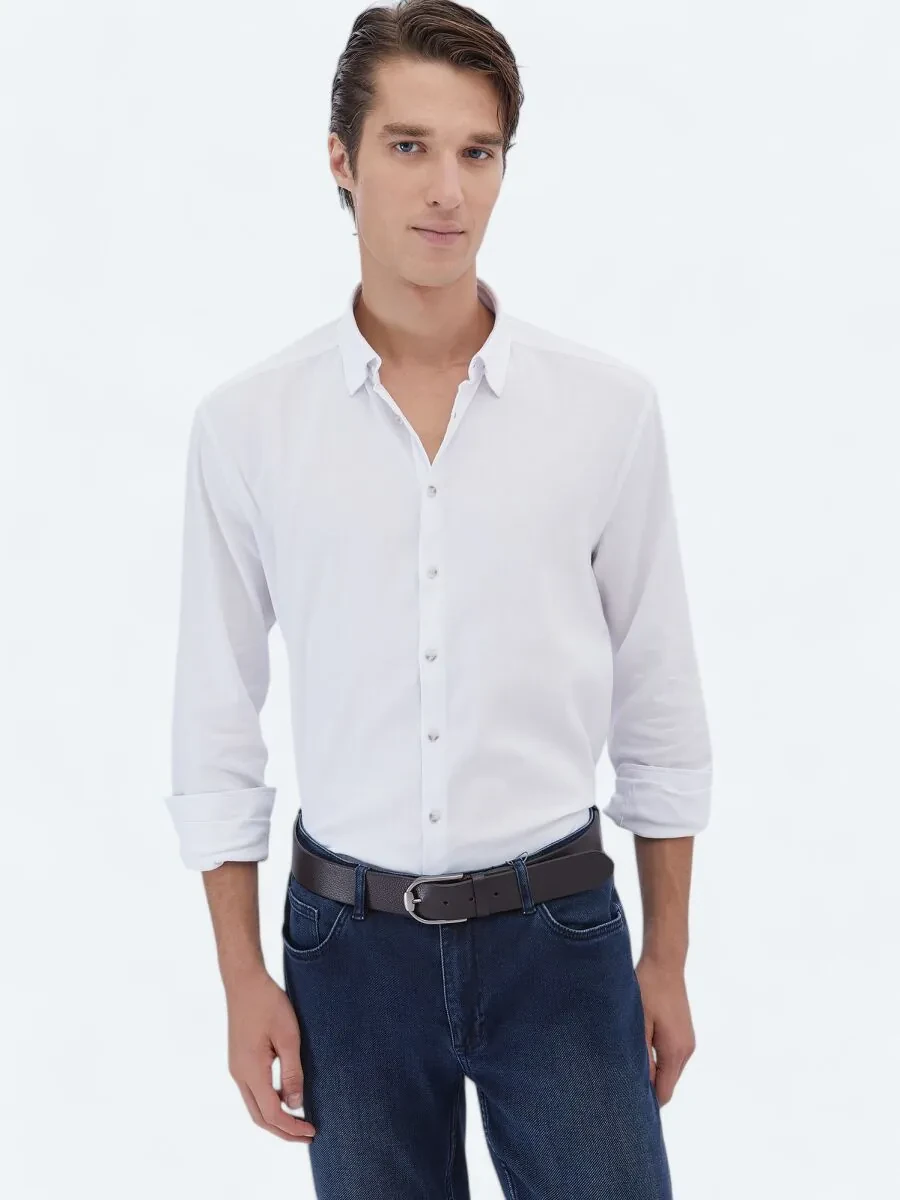 White Plain Regular Fit Weaving Casual Cotton Blended Shirt - 1