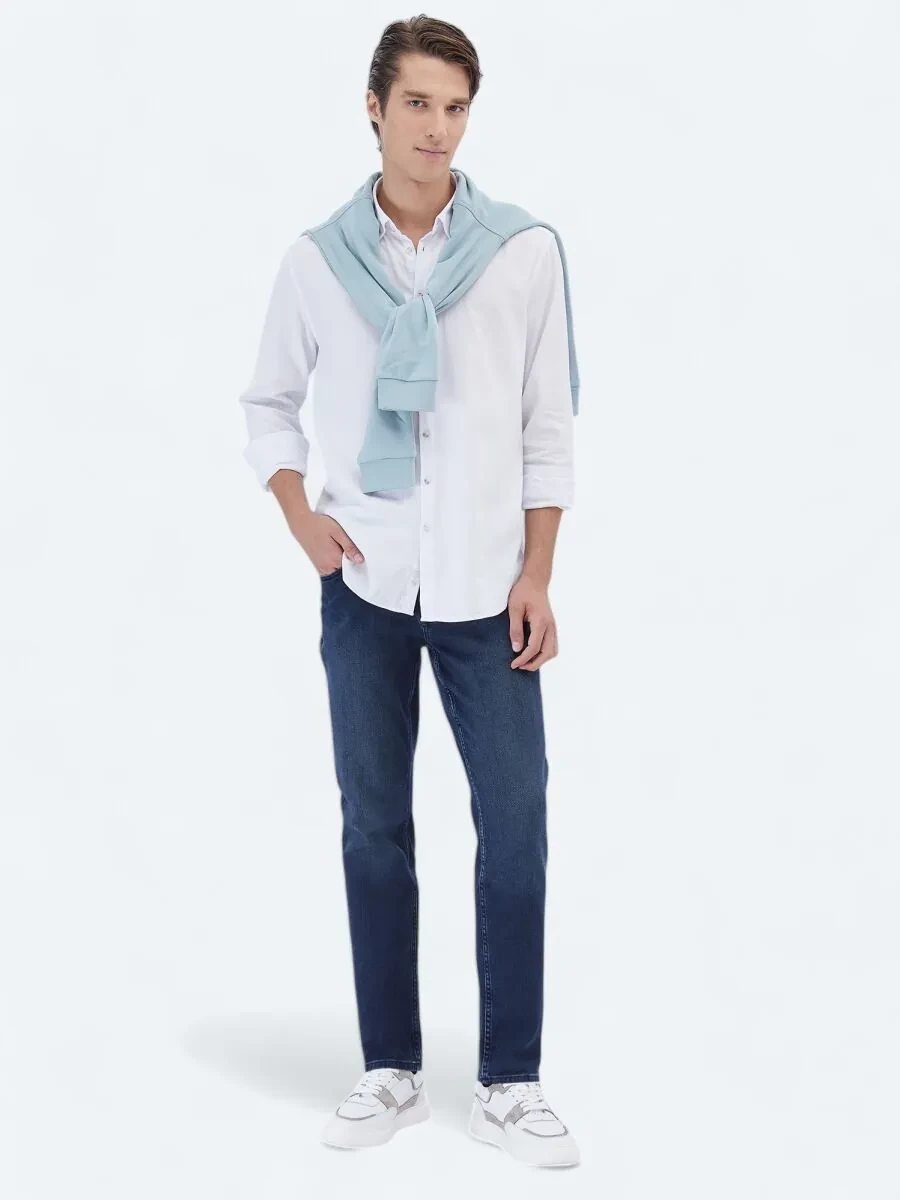 White Plain Regular Fit Weaving Casual Cotton Blended Shirt - 3