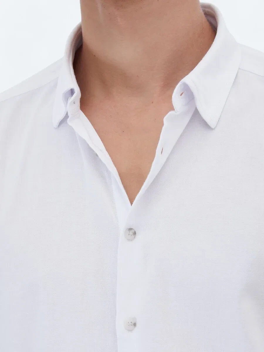 White Plain Regular Fit Weaving Casual Cotton Blended Shirt - 5