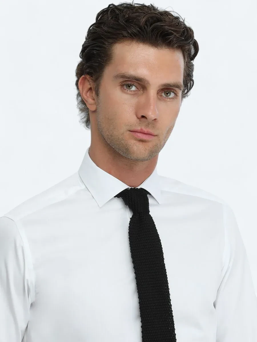 White Plain Regular Fit Weaving Classical 100% Cotton Shirt - 2