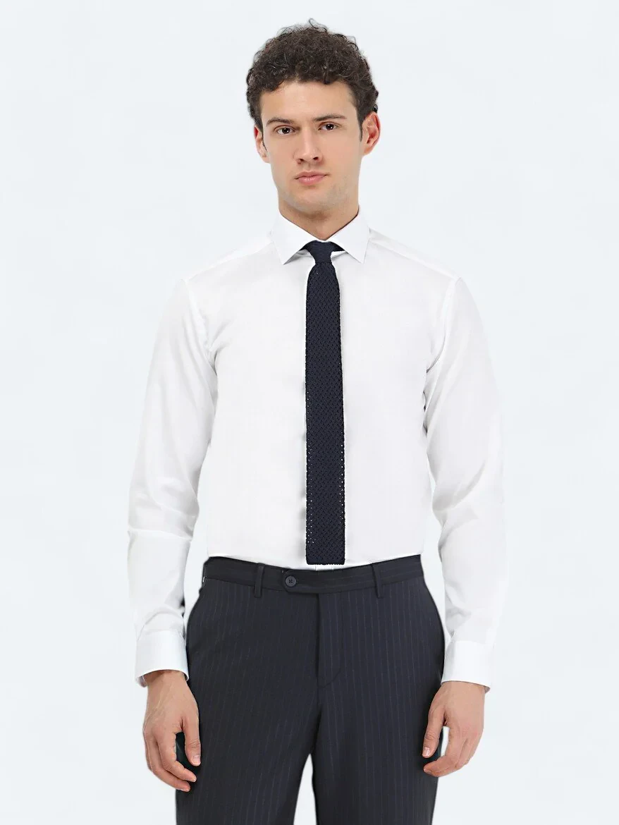 White Plain Regular Fit Weaving Classical 100% Cotton Shirt - 2