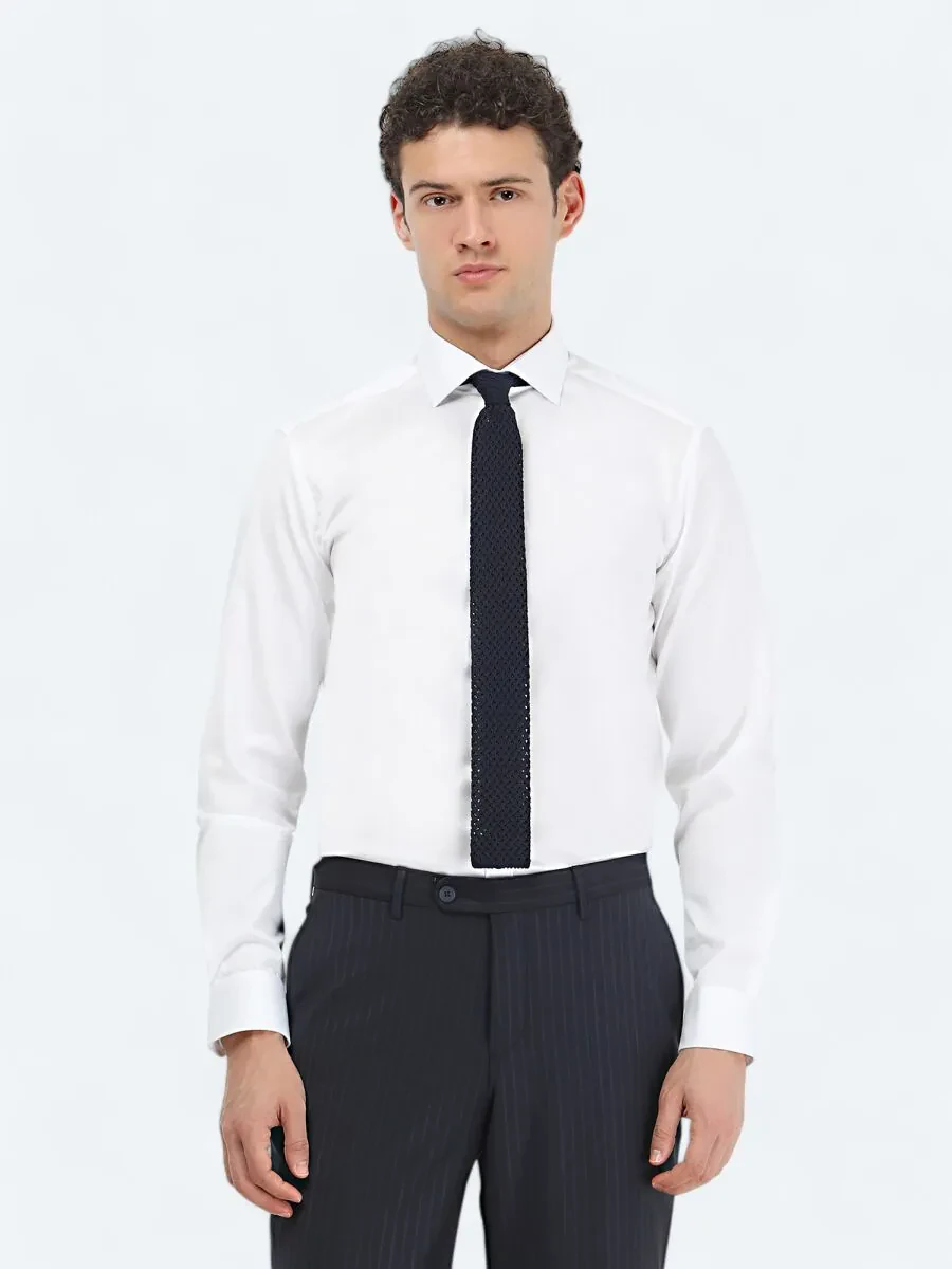White Plain Regular Fit Weaving Classical 100% Cotton Shirt - 2
