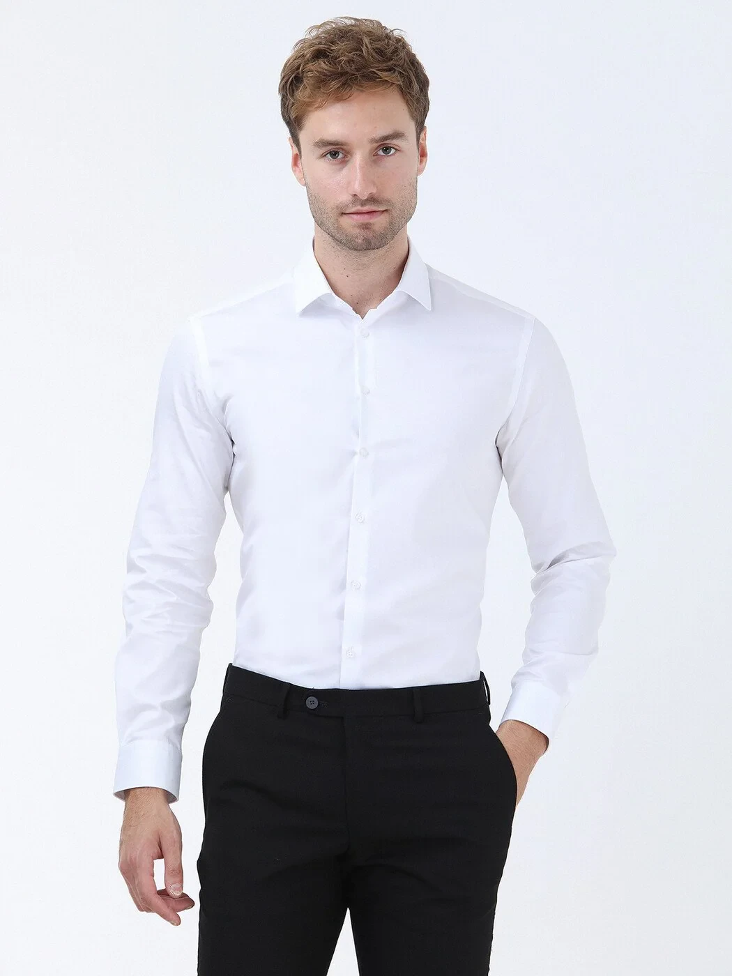 White Plain Regular Fit Weaving Classical 100% Cotton Shirt - 1