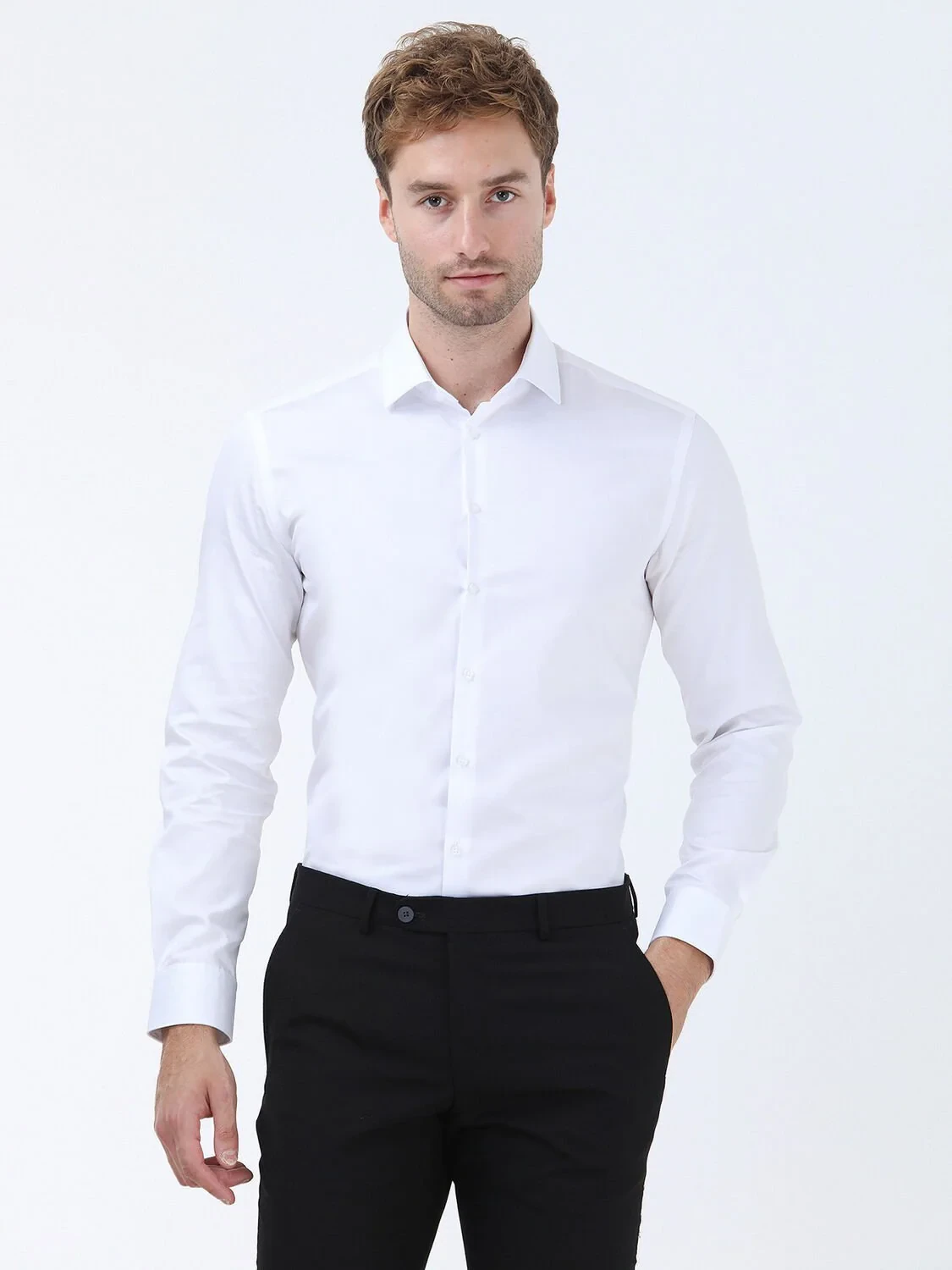 White Plain Regular Fit Weaving Classical 100% Cotton Shirt - 1