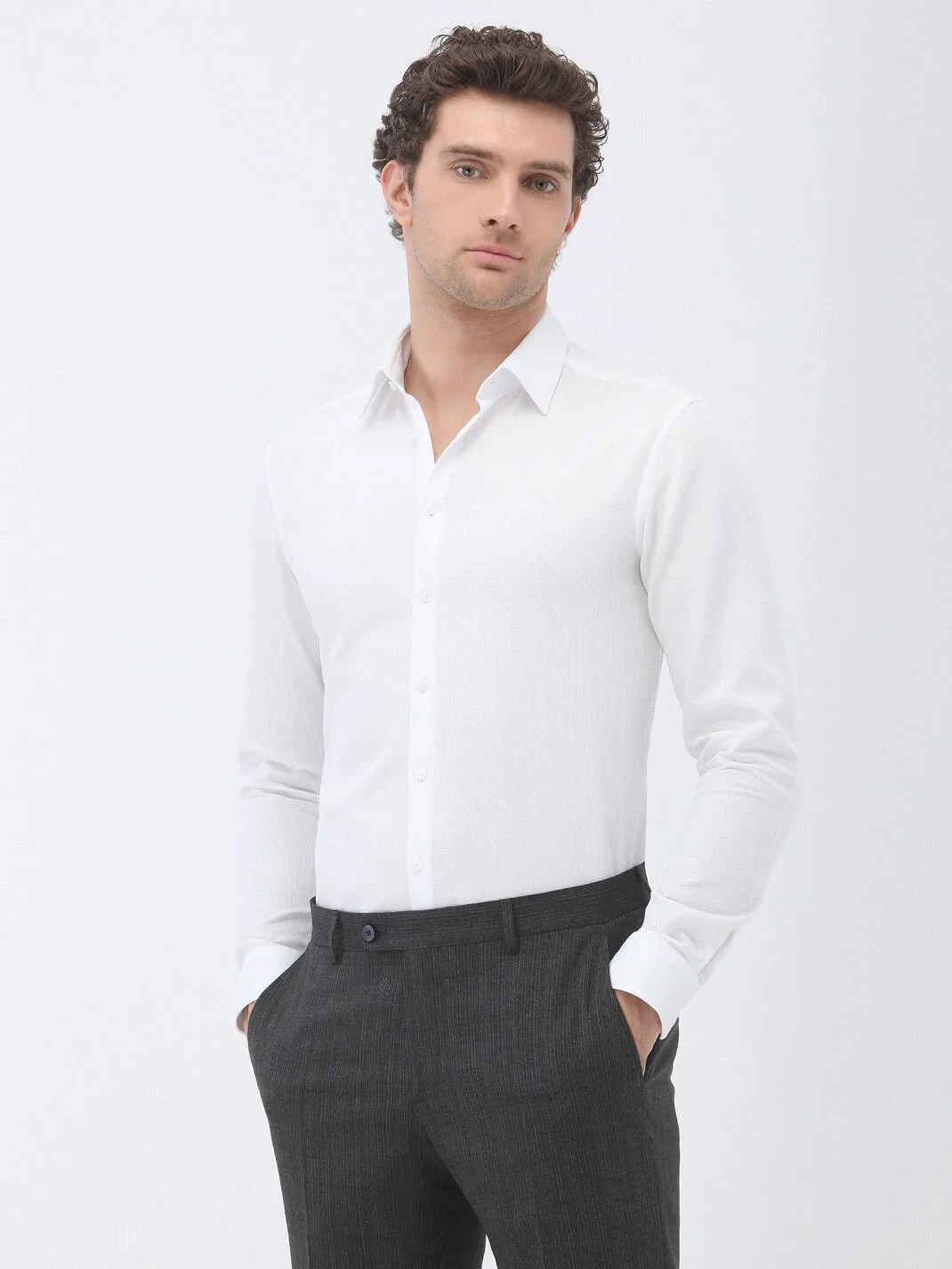 White Plain Regular Fit Weaving Classical 100% Cotton Shirt - 1
