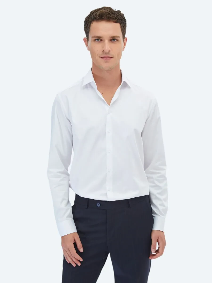 White Plain Regular Fit Weaving Classical 100% Cotton Shirt - 1