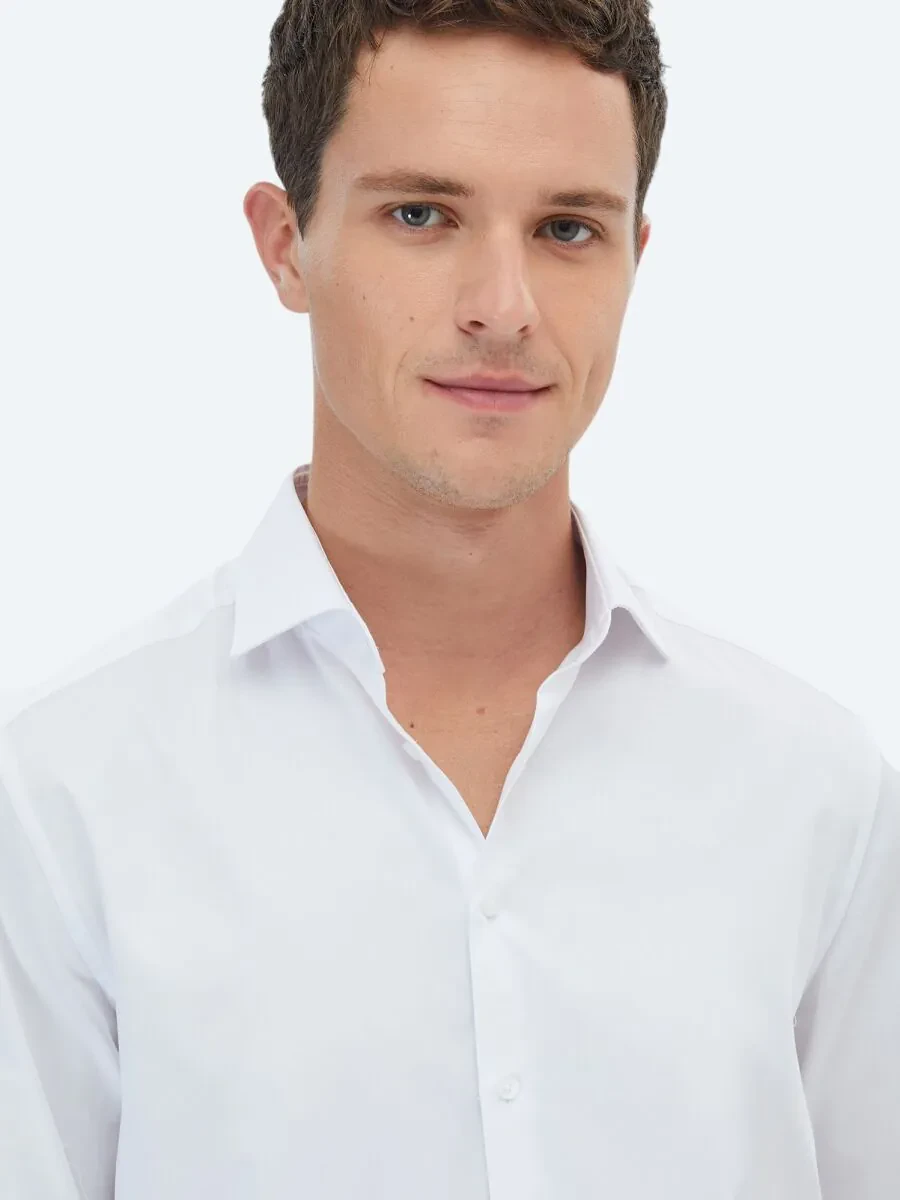 White Plain Regular Fit Weaving Classical 100% Cotton Shirt - 3