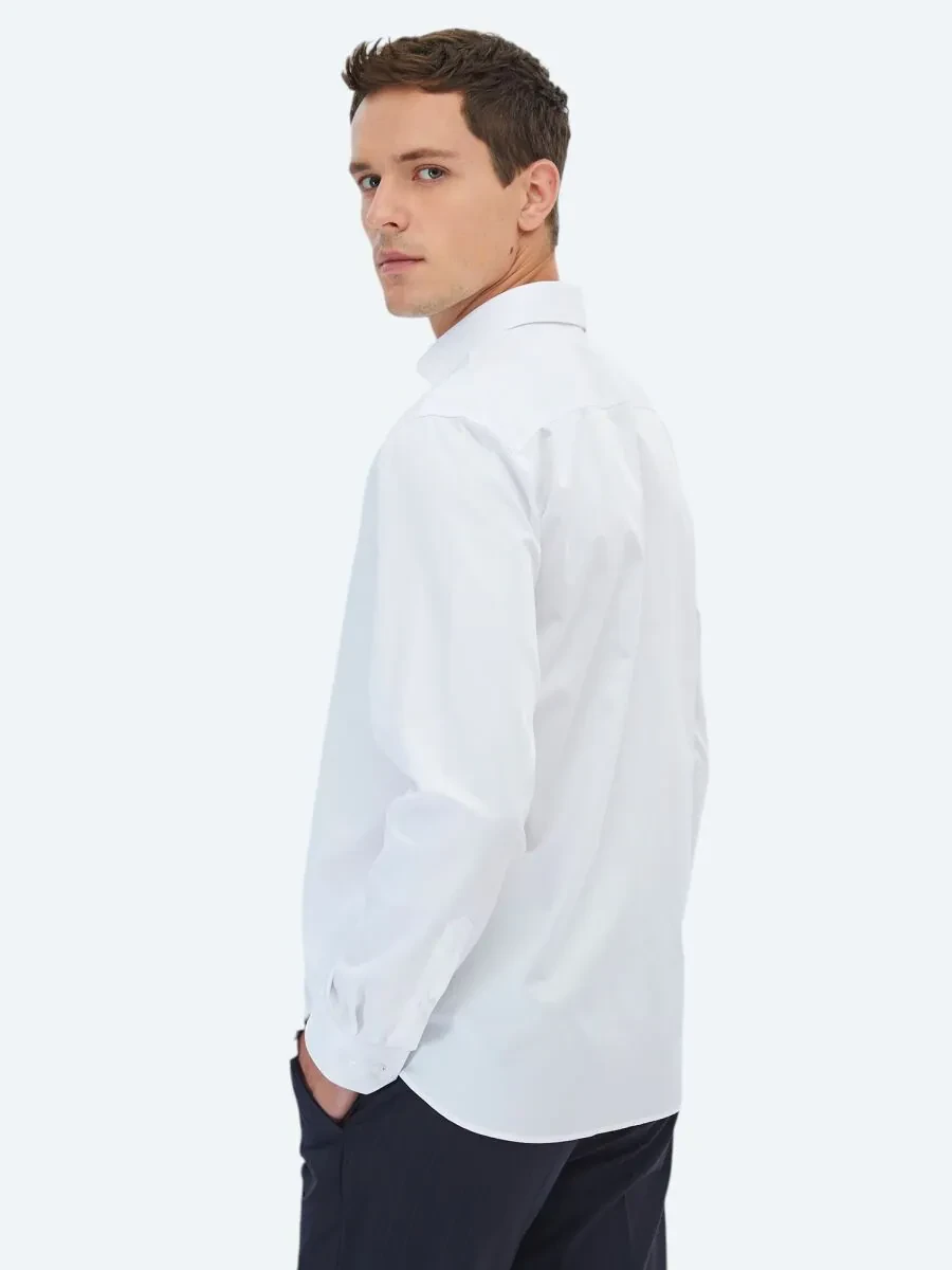 White Plain Regular Fit Weaving Classical 100% Cotton Shirt - 4