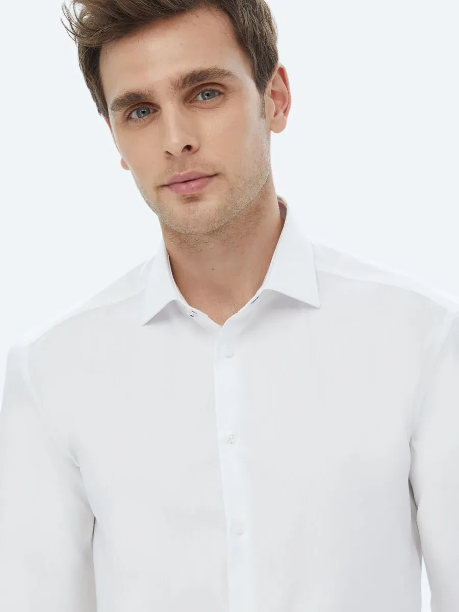 White Plain Regular Fit Weaving Classical 100% Cotton Shirt - 4