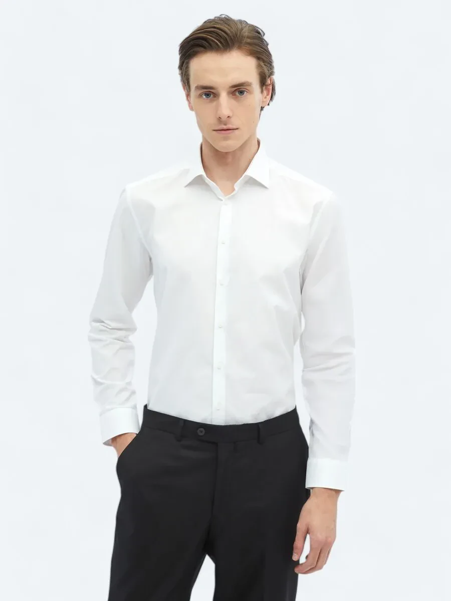 White Plain Regular Fit Weaving Classical 100% Cotton Shirt - 1