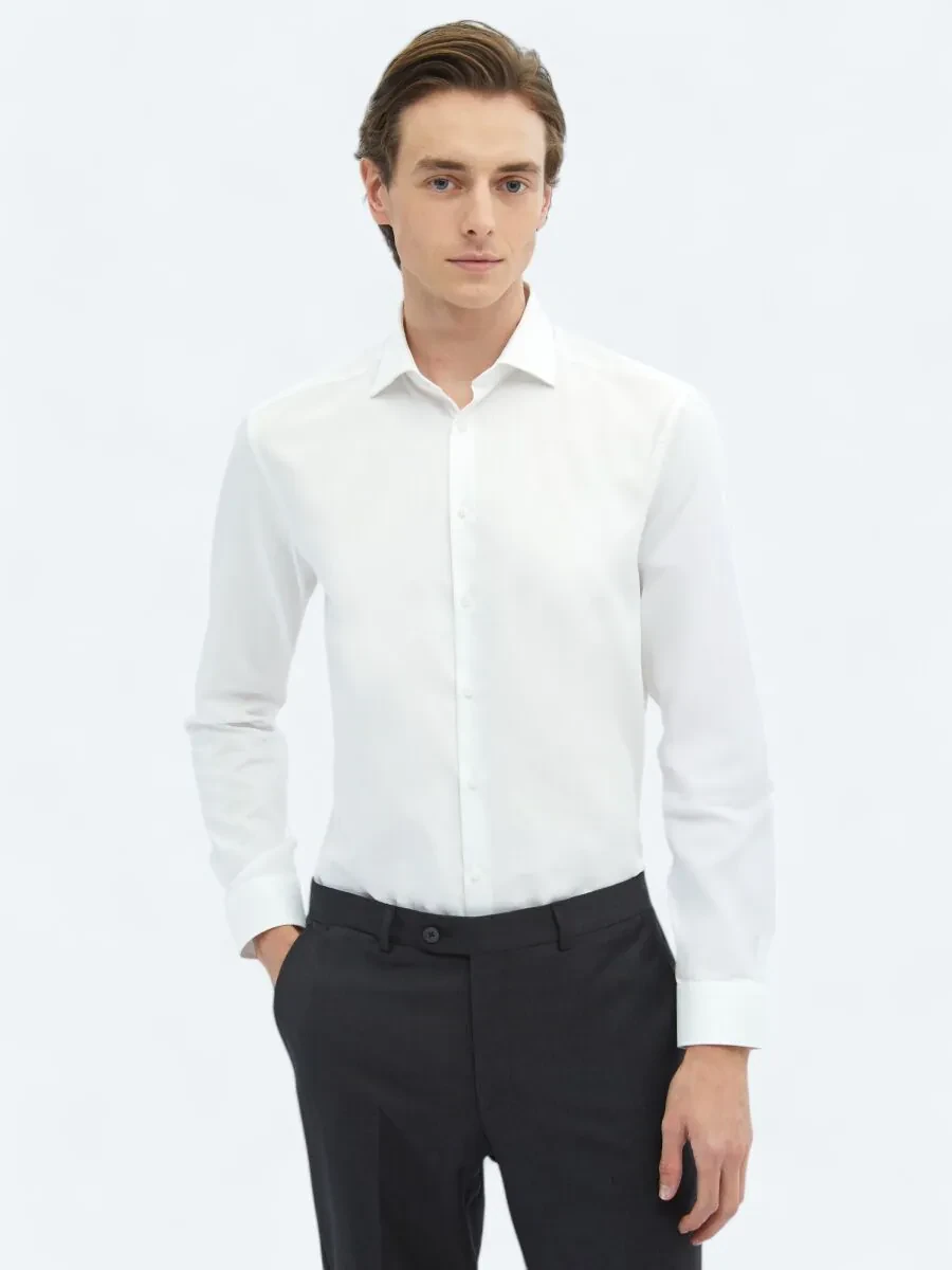 White Plain Regular Fit Weaving Classical 100% Cotton Shirt - 1