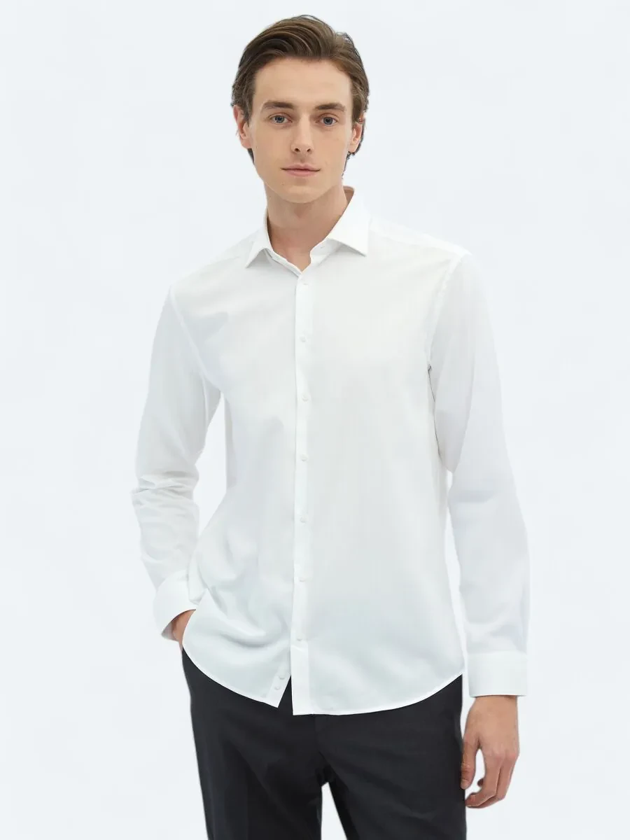 White Plain Regular Fit Weaving Classical 100% Cotton Shirt - 3