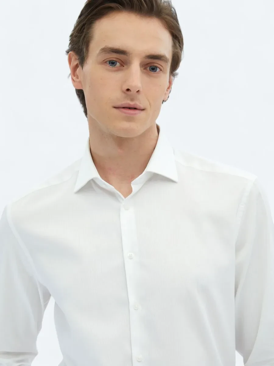 White Plain Regular Fit Weaving Classical 100% Cotton Shirt - 4