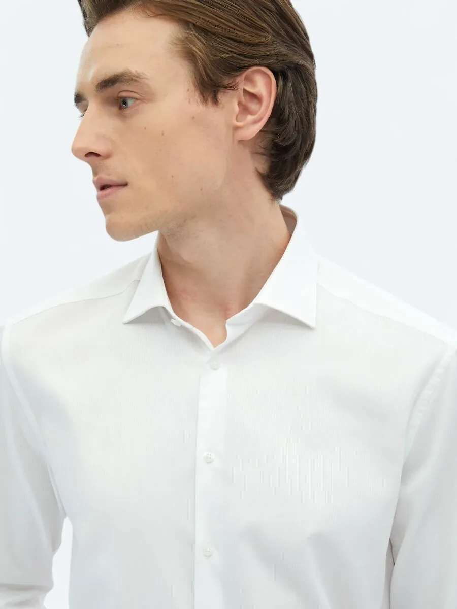 White Plain Regular Fit Weaving Classical 100% Cotton Shirt - 5
